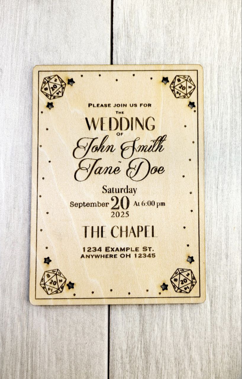 D20 Wooden Wedding Invitation • Rustic Fantasy Invite with Star Cutouts • Laser Engraved Wood • Nerdy DnD Wedding Favor • RPG Stationery