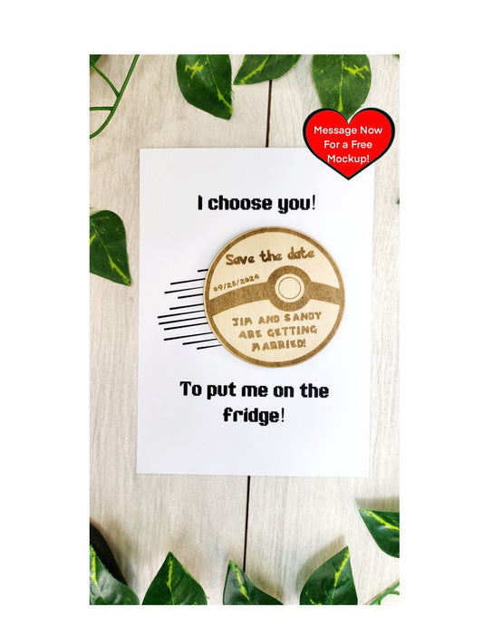 Anime Wedding Save The Date Magnets, I Choose You Themed Save the Date Nerdy Wedding Invitations Personalized Wood Magnet and Card