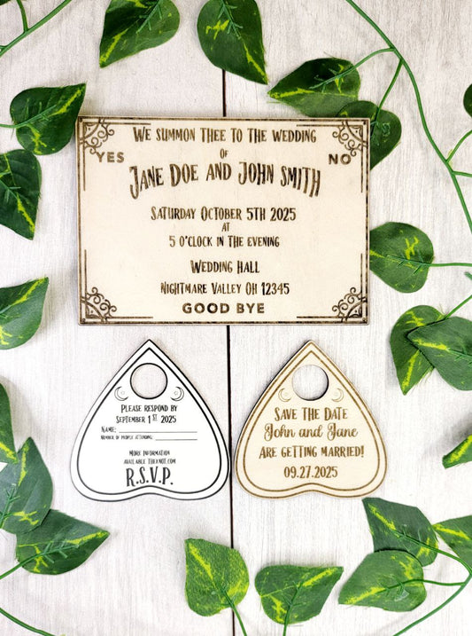 Bundled Ouija Board Invitation Magnet with RSVP Unique Gothic Invites | Personalized Wedding Announcement | Laser Cut Wooden Magnet 4x6in