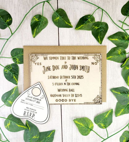 Bundled Ouija Board Invitation Magnet with RSVP Unique Gothic Invites | Personalized Wedding Announcement | Laser Cut Wooden Magnet 4x6in
