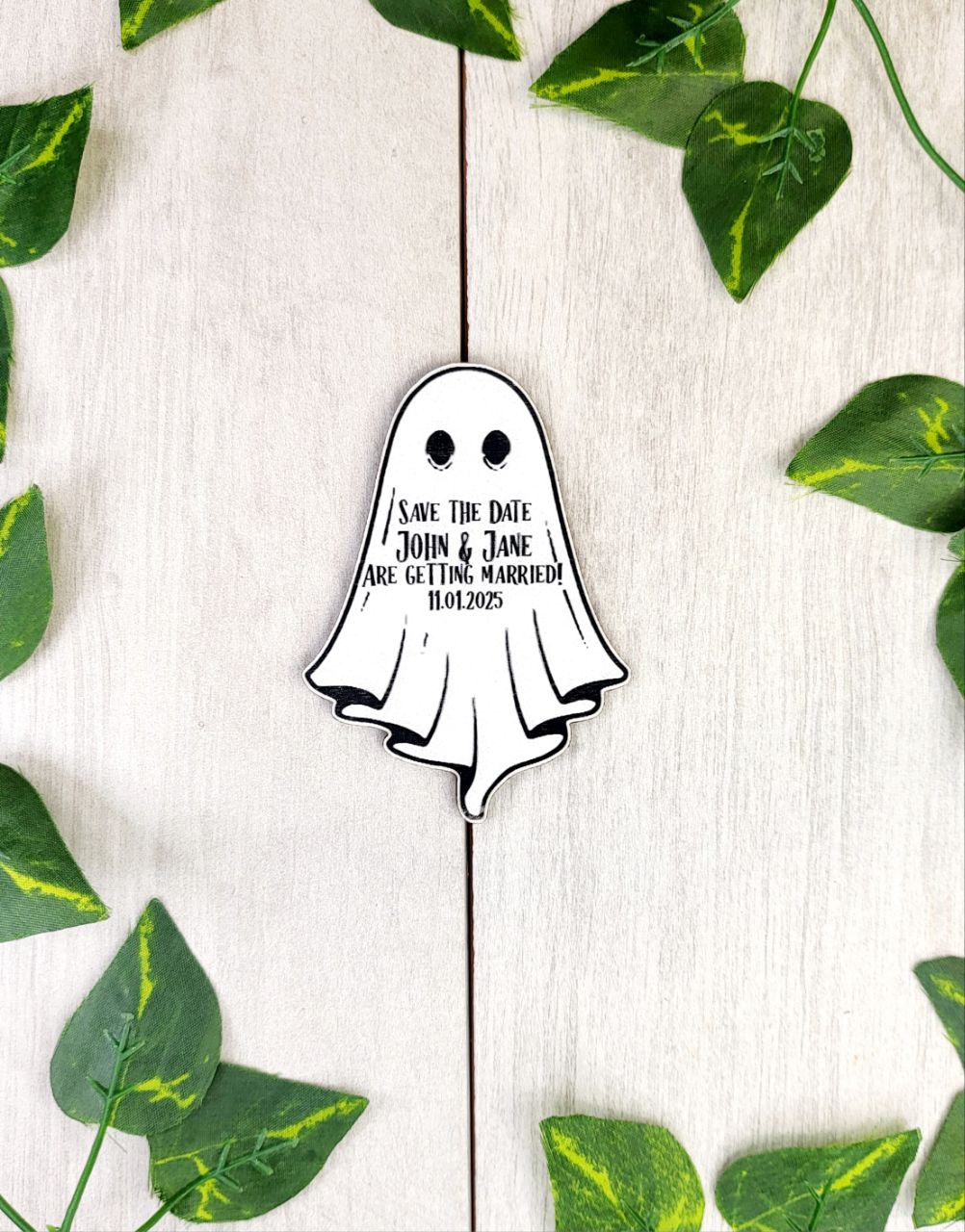 Ghost Save The Date Magnets | Halloween Wedding Save the Date | Gothic Wedding Invitations | Personalized Painted Wooden Magnet with Card