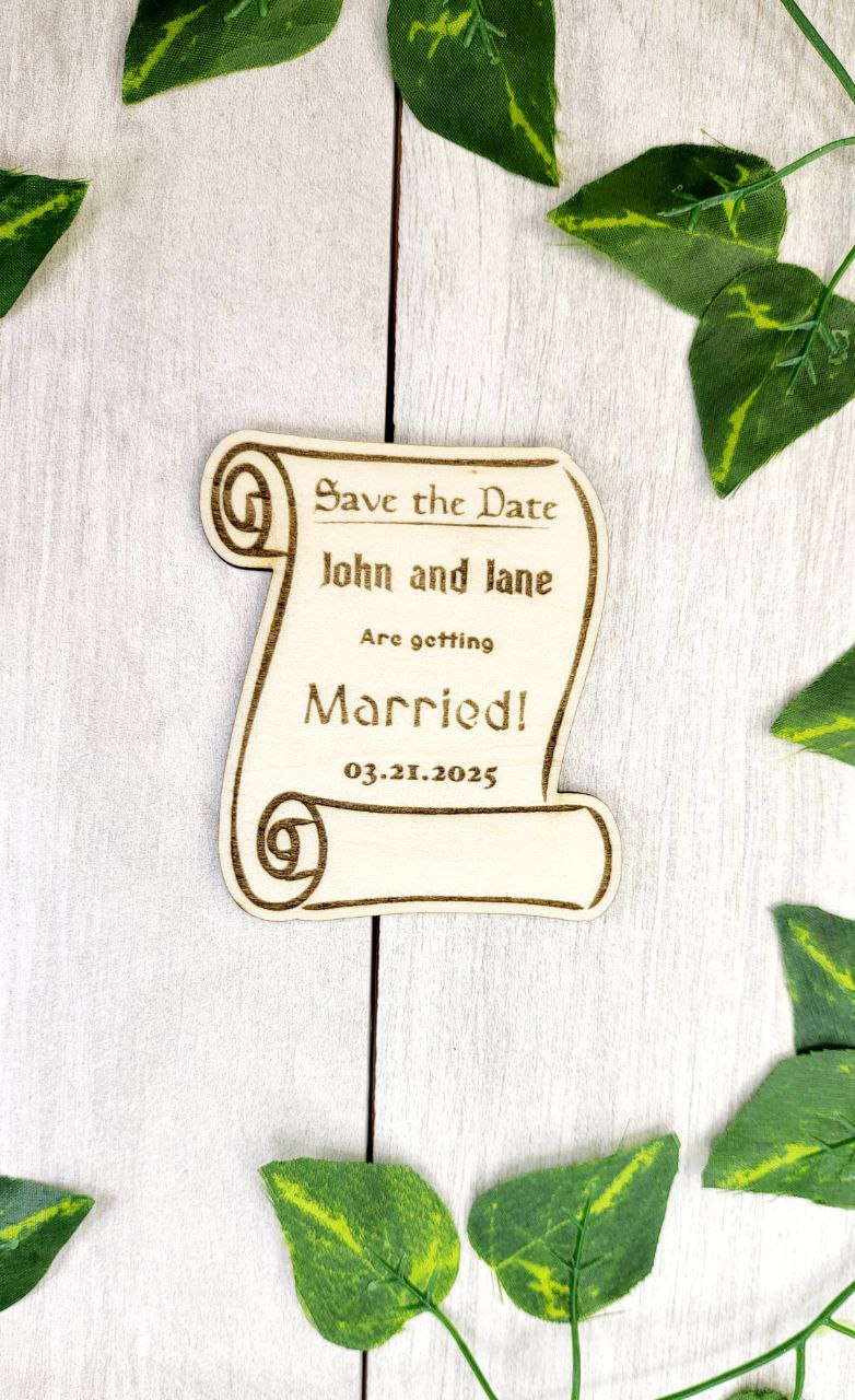 Fantasy Wedding Save The Date Magnets Medieval Scroll Inspired Save the Date Renaissance Wedding Invitations Custom Wood Magnet with Card