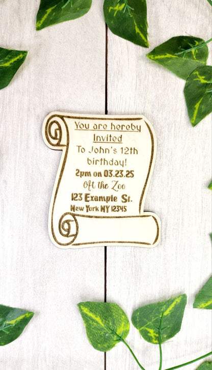 Fantasy Birthday Save The Date Magnets Medieval Scroll Inspired Birthday Party Invite Renaissance Party Invitations Custom Wood Magnet