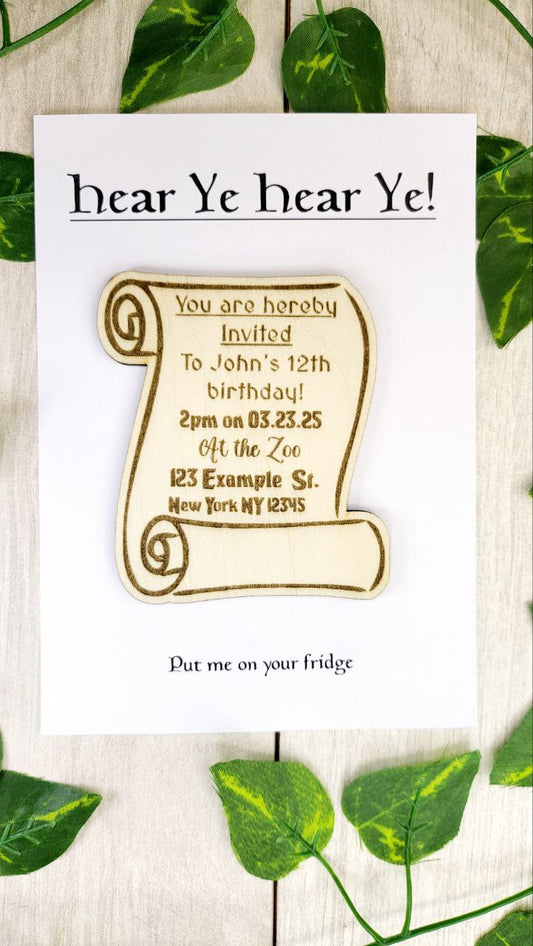 Fantasy Birthday Save The Date Magnets Medieval Scroll Inspired Birthday Party Invite Renaissance Party Invitations Custom Wood Magnet