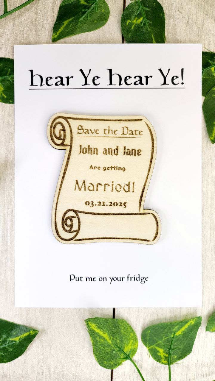 Fantasy Wedding Save The Date Magnets Medieval Scroll Inspired Save the Date Renaissance Wedding Invitations Custom Wood Magnet with Card