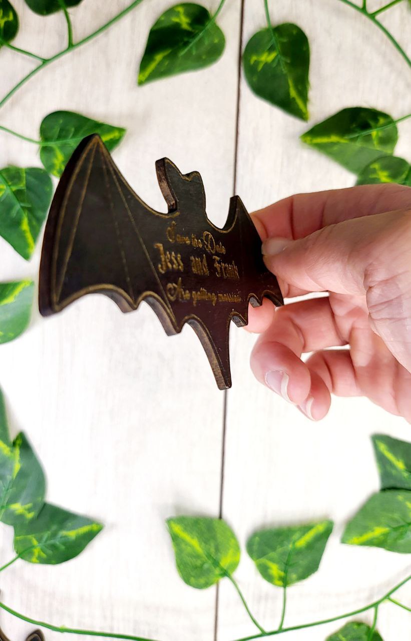 Bat Save The Date Magnets Halloween Wedding Save the Date Spooky Wedding Invitations Custom Wood Magnet