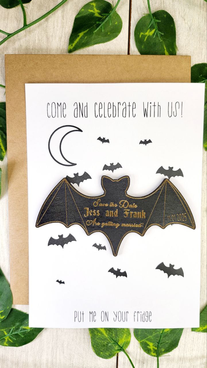 Bat Save The Date Magnets Halloween Wedding Save the Date Spooky Wedding Invitations Custom Wood Magnet