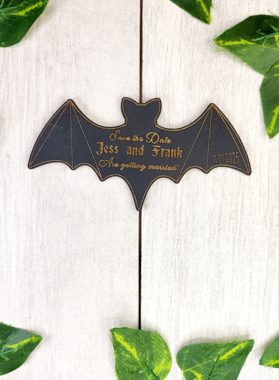 Bat Save The Date Magnets Halloween Wedding Save the Date Spooky Wedding Invitations Custom Wood Magnet