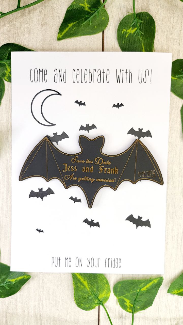 Bat Save The Date Magnets Halloween Wedding Save the Date Spooky Wedding Invitations Custom Wood Magnet