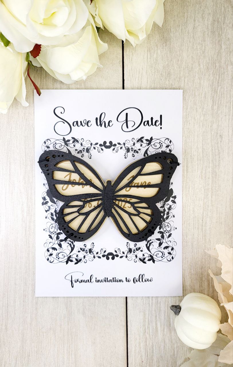 Elegant Wedding Save The Date Magnets, Butterfly Save the Date Elegant Wedding Invitations Custom Wooden Magnet