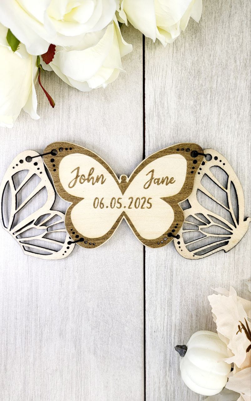 Elegant Wedding Save The Date Magnets, Butterfly Save the Date Elegant Wedding Invitations Custom Wooden Magnet