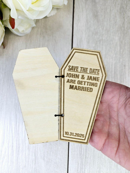 Coffin Save the Date Magnet • Gothic Halloween Wedding Invitation • Spooky Wedding Favor • Custom Laser Cut Wood Magnet • ’Til Death Do Us Part