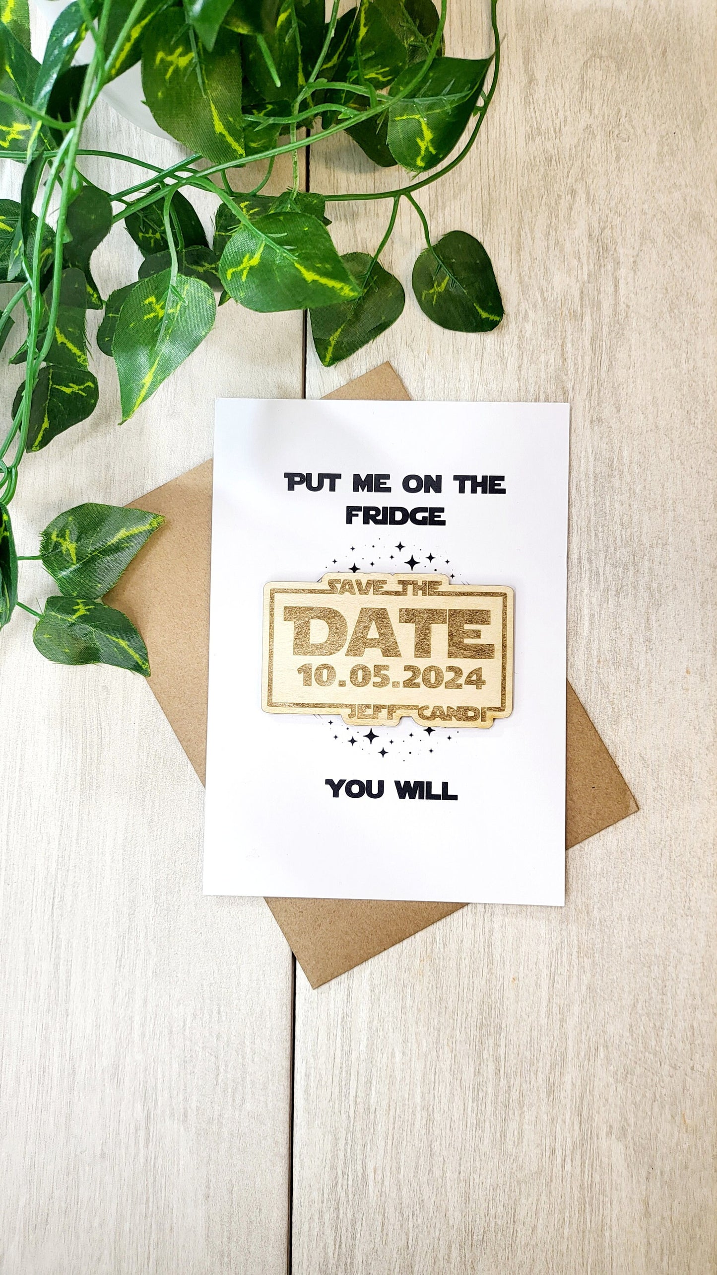 Nerdy Star inspired Save the Date Magnets | Personalized Wedding Announcement | Laser Engraved wooden magnet | Sci Fi Geek Invite