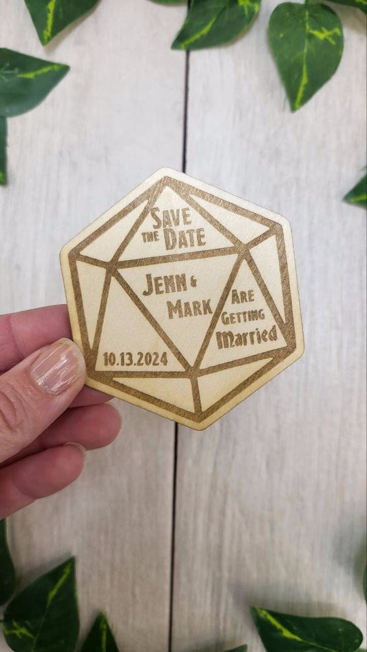 Dnd Wedding Save The Date Magnets D20 Dice Save the Date  Tabletop Game Wedding Invitations Custom Wood Magnet