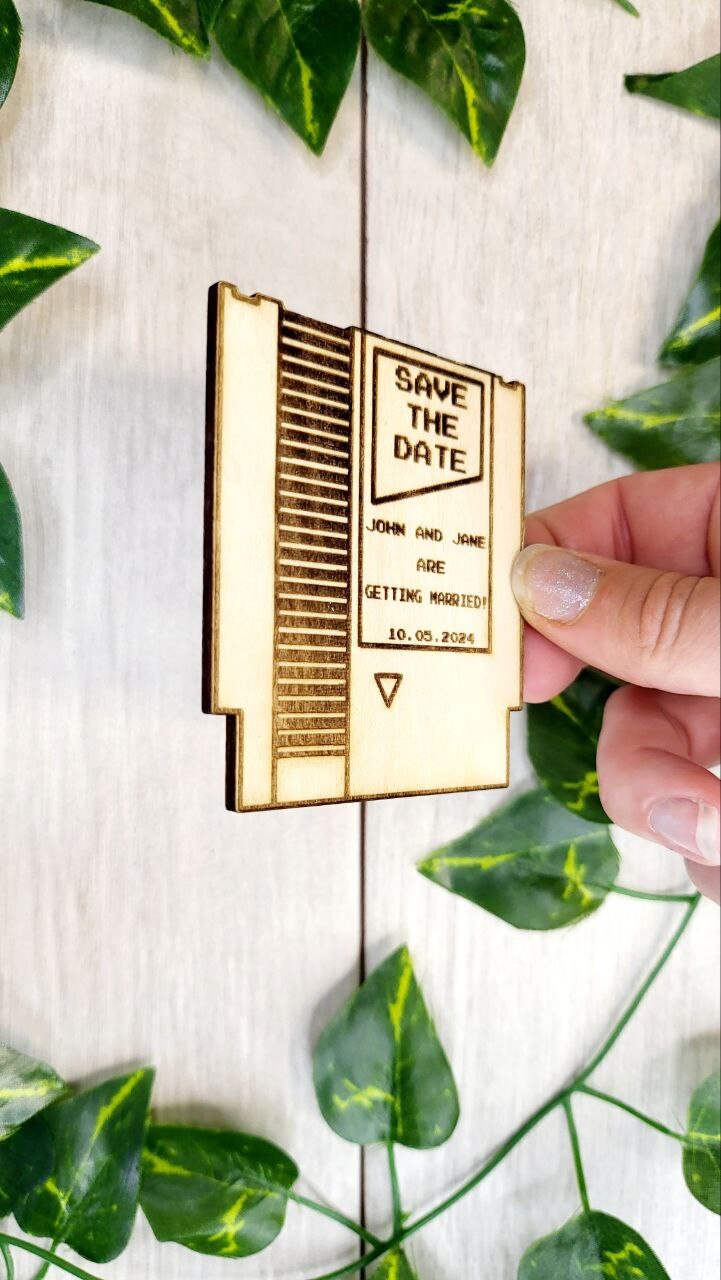 Nerd Wedding Save The Date Magnets Classic Cartridge Themed Save the Date Retro Video Game Wedding Invitations Custom Wood Magnet and Card