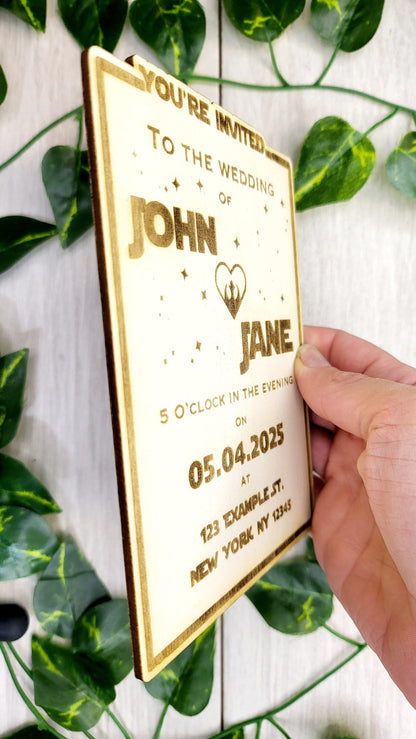 Star Wedding Invitation Magnets | Nerdy Personalized Wedding invite | Laser Engraved wooden magnet | Sci Fi Geek Invite 4x6in