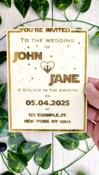 Star Wedding Invitation Magnets | Nerdy Personalized Wedding invite | Laser Engraved wooden magnet | Sci Fi Geek Invite 4x6in