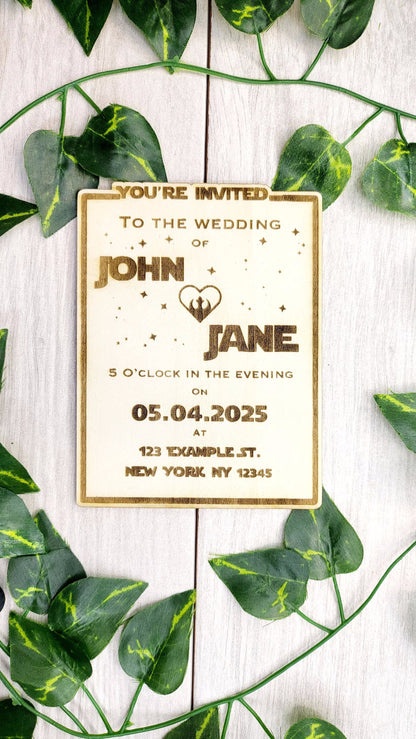 Star Wedding Invitation Magnets | Nerdy Personalized Wedding invite | Laser Engraved wooden magnet | Sci Fi Geek Invite 4x6in