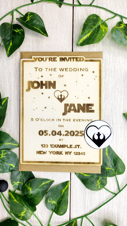 Star Wedding Invitation Magnets | Nerdy Personalized Wedding invite | Laser Engraved wooden magnet | Sci Fi Geek Invite 4x6in