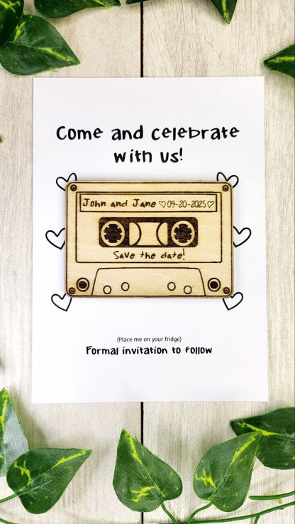 Cassette Tape Save the Date Magnet • Retro Wedding Invitation • 90s Themed Wood Magnet + Card • Cheap & Personalized Wedding Announcements