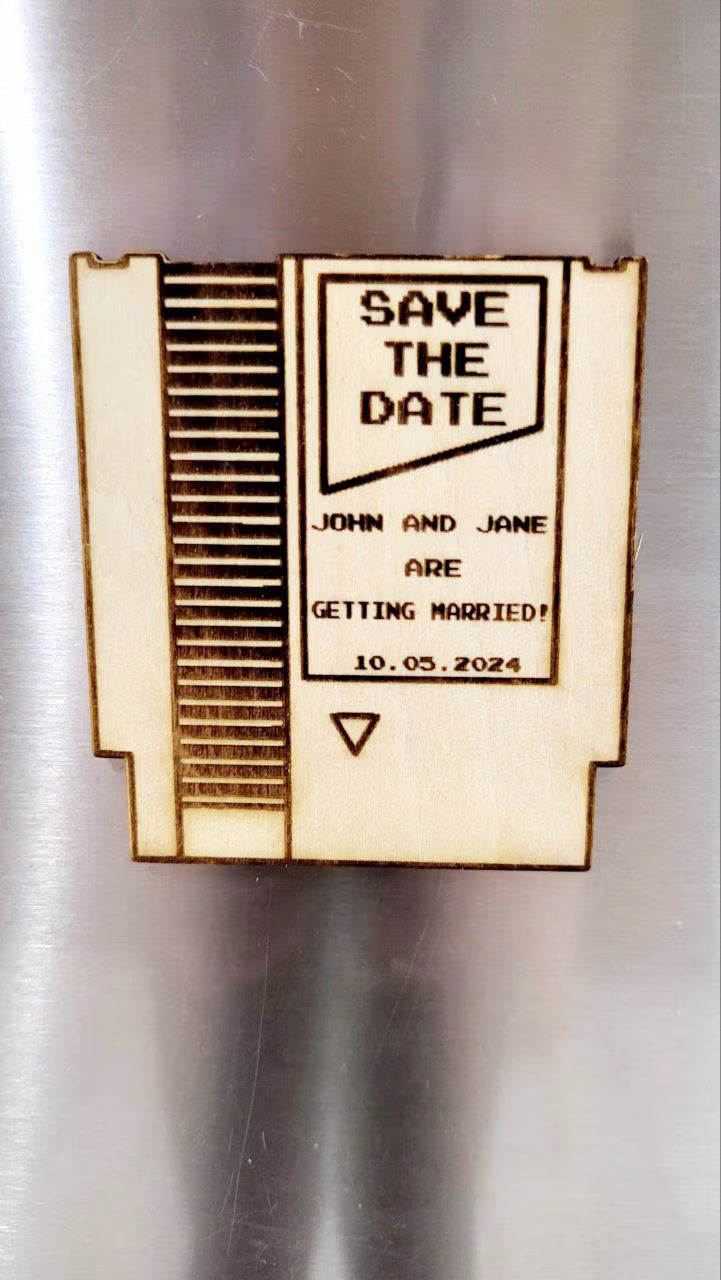 Nerd Wedding Save The Date Magnets Classic Cartridge Themed Save the Date Retro Video Game Wedding Invitations Custom Wood Magnet and Card