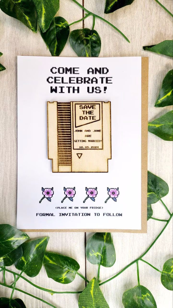 Nerd Wedding Save The Date Magnets Classic Cartridge Themed Save the Date Retro Video Game Wedding Invitations Custom Wood Magnet and Card