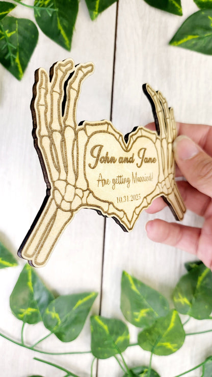 Skeleton Heart Save the Date Magnet – Gothic Halloween Wedding Invitation • Spooky Wooden Magnet • Custom Save the Date for Weddings