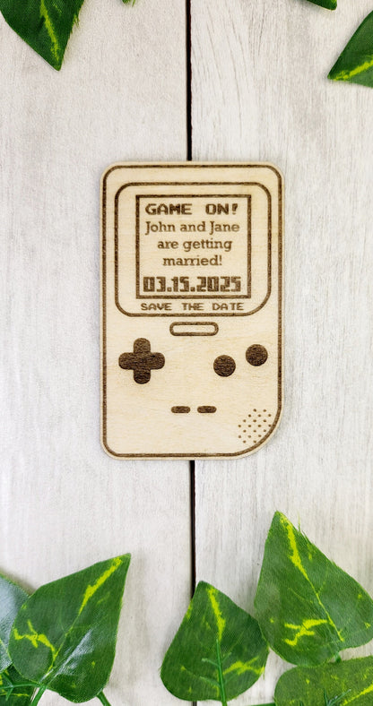 Retro Gamer Save the Date Magnet • Handheld Console Wedding Favor • Nerdy Pixel Invite • Custom Engraved 8-Bit Wedding Magnet