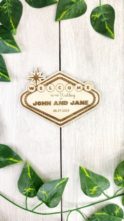 Vegas Wedding Save The Date Magnets Vegas Sign Themed Save the Date Destination Wedding Invitations Personalized Wood Magnet and Card