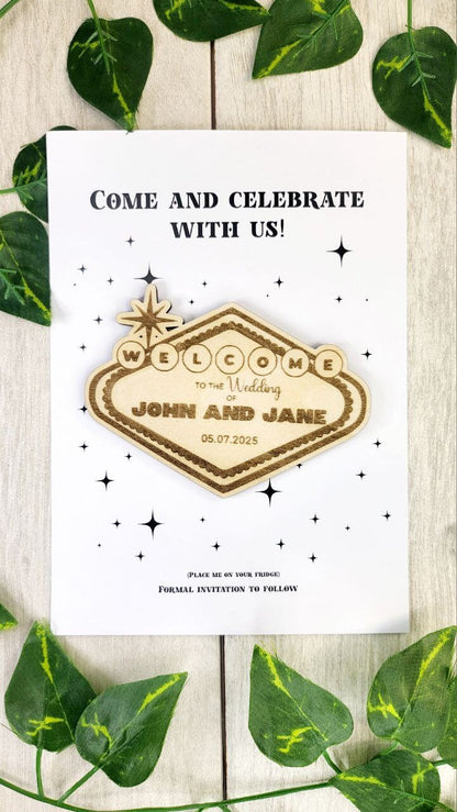 Vegas Wedding Save The Date Magnets Vegas Sign Themed Save the Date Destination Wedding Invitations Personalized Wood Magnet and Card