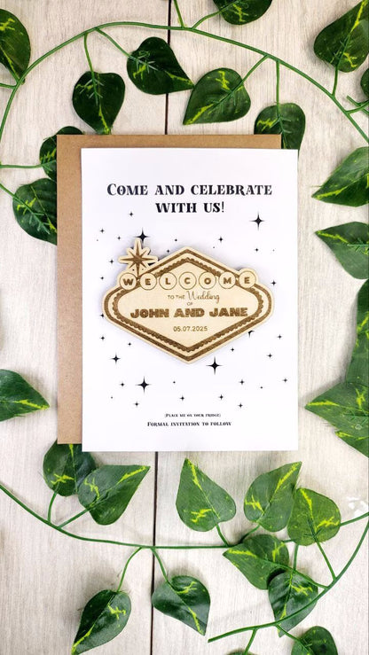 Vegas Wedding Save The Date Magnets Vegas Sign Themed Save the Date Destination Wedding Invitations Personalized Wood Magnet and Card