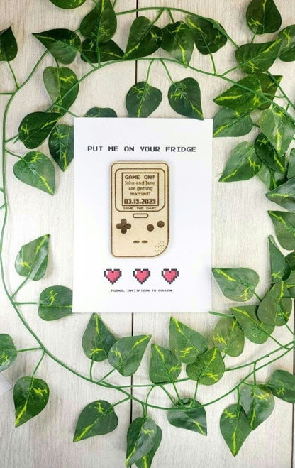 Retro Gamer Save the Date Magnet • Handheld Console Wedding Favor • Nerdy Pixel Invite • Custom Engraved 8-Bit Wedding Magnet