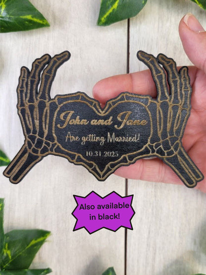 Skeleton Heart Save the Date Magnet – Gothic Halloween Wedding Invitation • Spooky Wooden Magnet • Custom Save the Date for Weddings