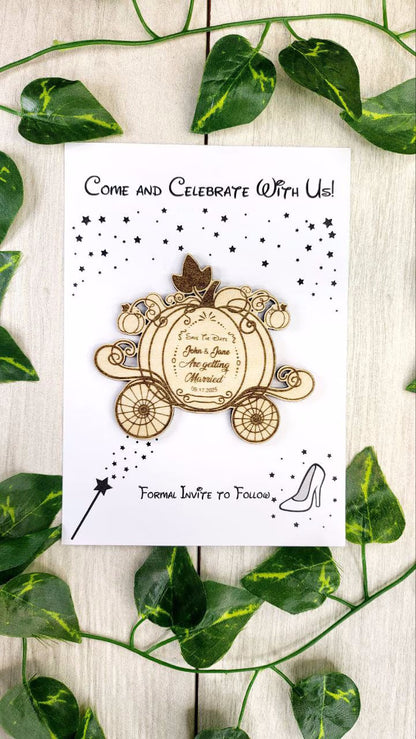 Princess Wedding Save the Date Magnet – Cinderella Pumpkin Carriage Invitations – Custom Wood Magnet for Weddings, Sweet 16, or Quinceañera