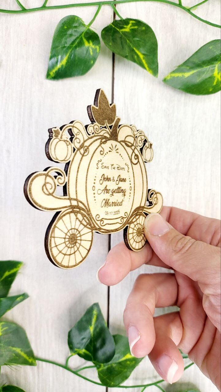 Princess Wedding Save The Date Magnets Cinderella Themed Save the Date Magic Pumpkin Carriage Wedding Invitations Custom Wood Magnet