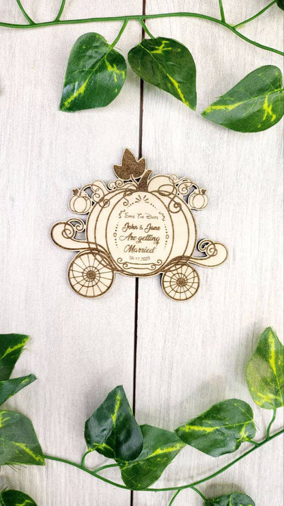 Princess Wedding Save the Date Magnet – Cinderella Pumpkin Carriage Invitations – Custom Wood Magnet for Weddings, Sweet 16, or Quinceañera