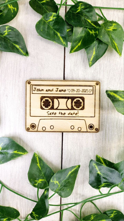 Cassette Tape Save the Date Magnet • Retro Wedding Invitation • 90s Themed Wood Magnet + Card • Cheap & Personalized Wedding Announcements