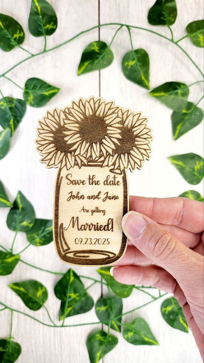 Sunflower Mason Jar Save the Date Magnet: Rustic Wood Wedding Favor