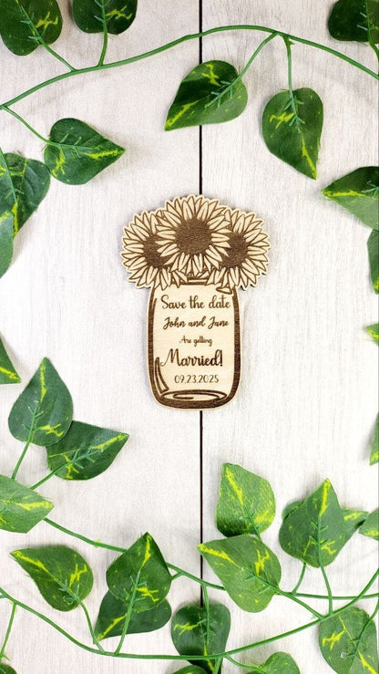 Sunflower Mason Jar Save the Date Magnet: Rustic Wood Wedding Favor