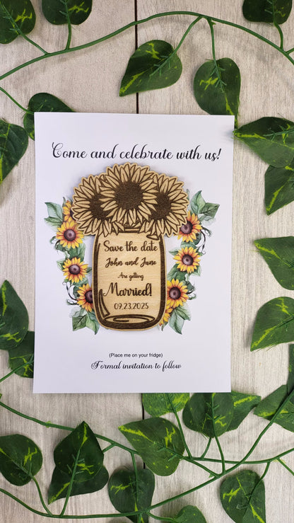 Sunflower Mason Jar Save the Date Magnet: Rustic Wood Wedding Favor