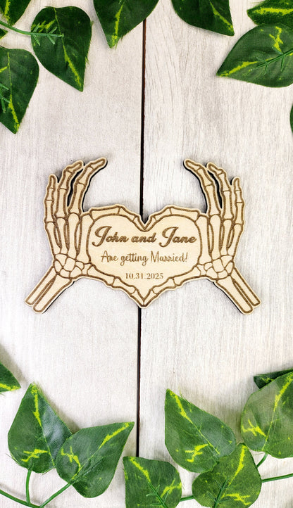 Skeleton Heart Save the Date Magnet – Gothic Halloween Wedding Invitation • Spooky Wooden Magnet • Custom Save the Date for Weddings