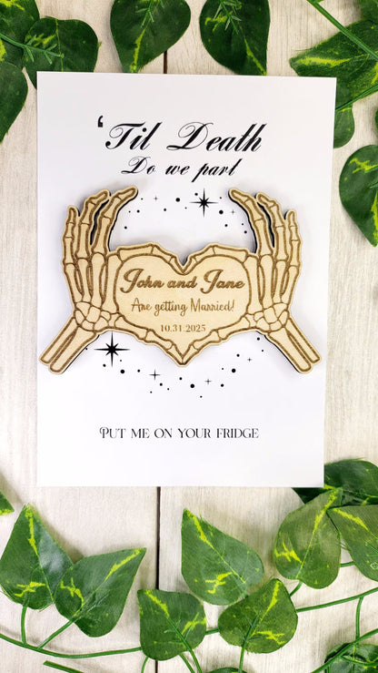 Skeleton Heart Save the Date Magnet – Gothic Halloween Wedding Invitation • Spooky Wooden Magnet • Custom Save the Date for Weddings