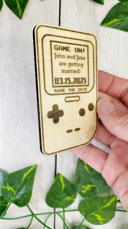 Retro Gamer Save the Date Magnet • Handheld Console Wedding Favor • Nerdy Pixel Invite • Custom Engraved 8-Bit Wedding Magnet