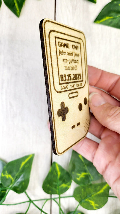 Retro Gamer Save the Date Magnet • Handheld Console Wedding Favor • Nerdy Pixel Invite • Custom Engraved 8-Bit Wedding Magnet