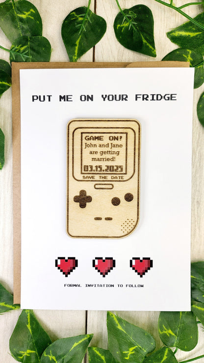 Retro Gamer Save the Date Magnet • Handheld Console Wedding Favor • Nerdy Pixel Invite • Custom Engraved 8-Bit Wedding Magnet