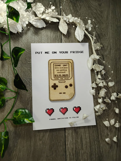 Retro Gamer Save the Date Magnet • Handheld Console Wedding Favor • Nerdy Pixel Invite • Custom Engraved 8-Bit Wedding Magnet