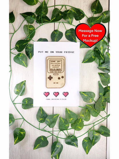 Retro Gamer Save the Date Magnet • Handheld Console Wedding Favor • Nerdy Pixel Invite • Custom Engraved 8-Bit Wedding Magnet