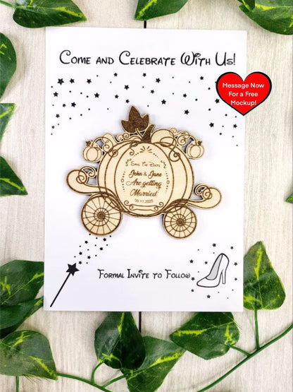Princess Wedding Save the Date Magnet – Cinderella Pumpkin Carriage Invitations – Custom Wood Magnet for Weddings, Sweet 16, or Quinceañera