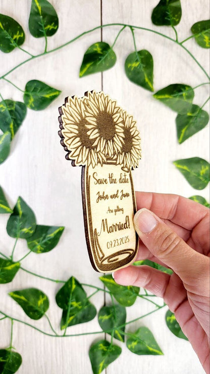 Sunflower Mason Jar Save the Date Magnet: Rustic Wood Wedding Favor