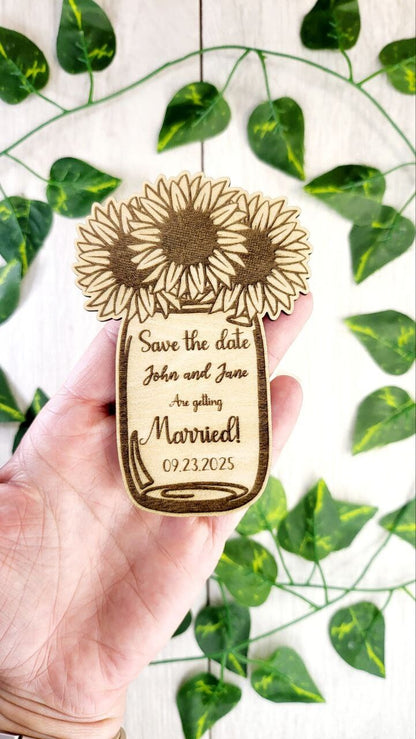 Sunflower Mason Jar Save the Date Magnet: Rustic Wood Wedding Favor
